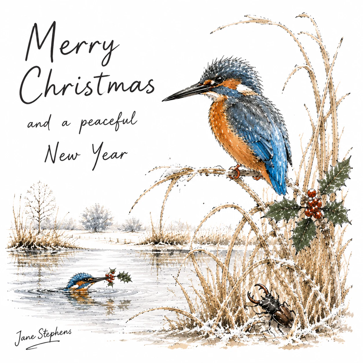 Jane Stephens Christmas card illustration of a kingfisher