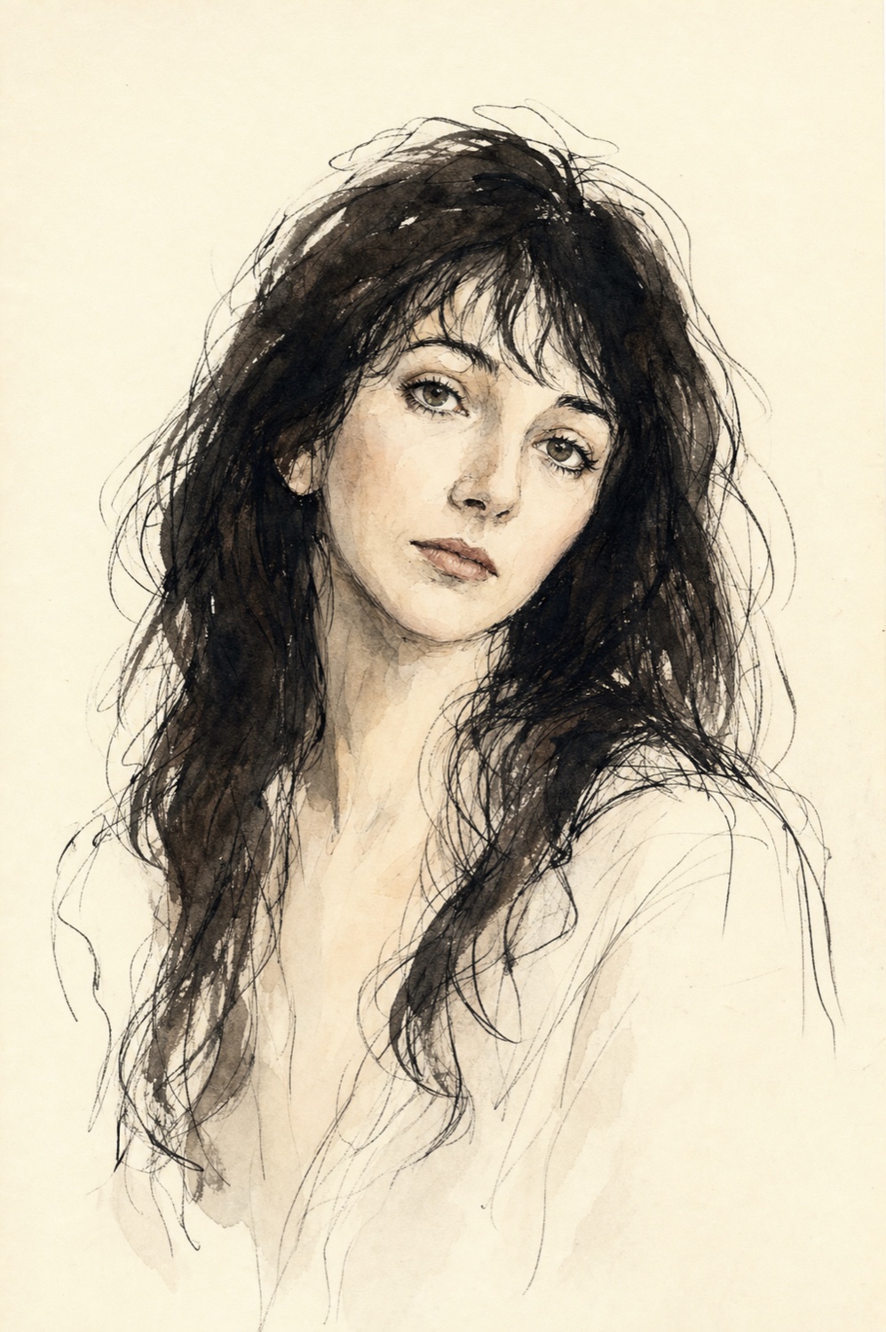Jane Stephens’ loose ink-and-watercolour portrait study of Kate Bush